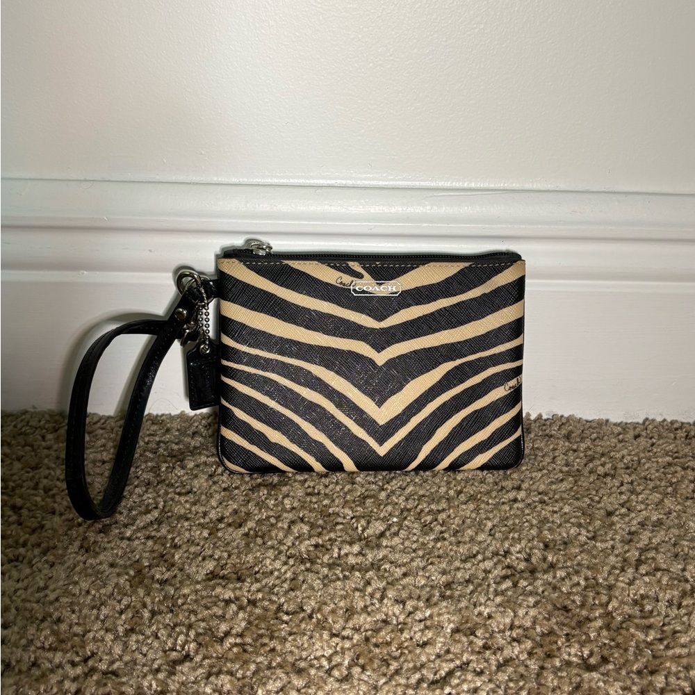 Coach Zebra-Print Wristlet in Black and Tan
